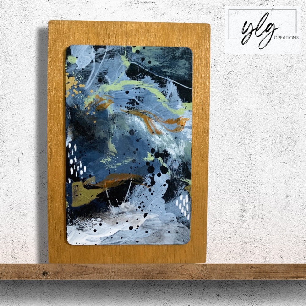 Original Mini Painting Abstract Acrylic Art Blue Black Gold Metallic Chances 3